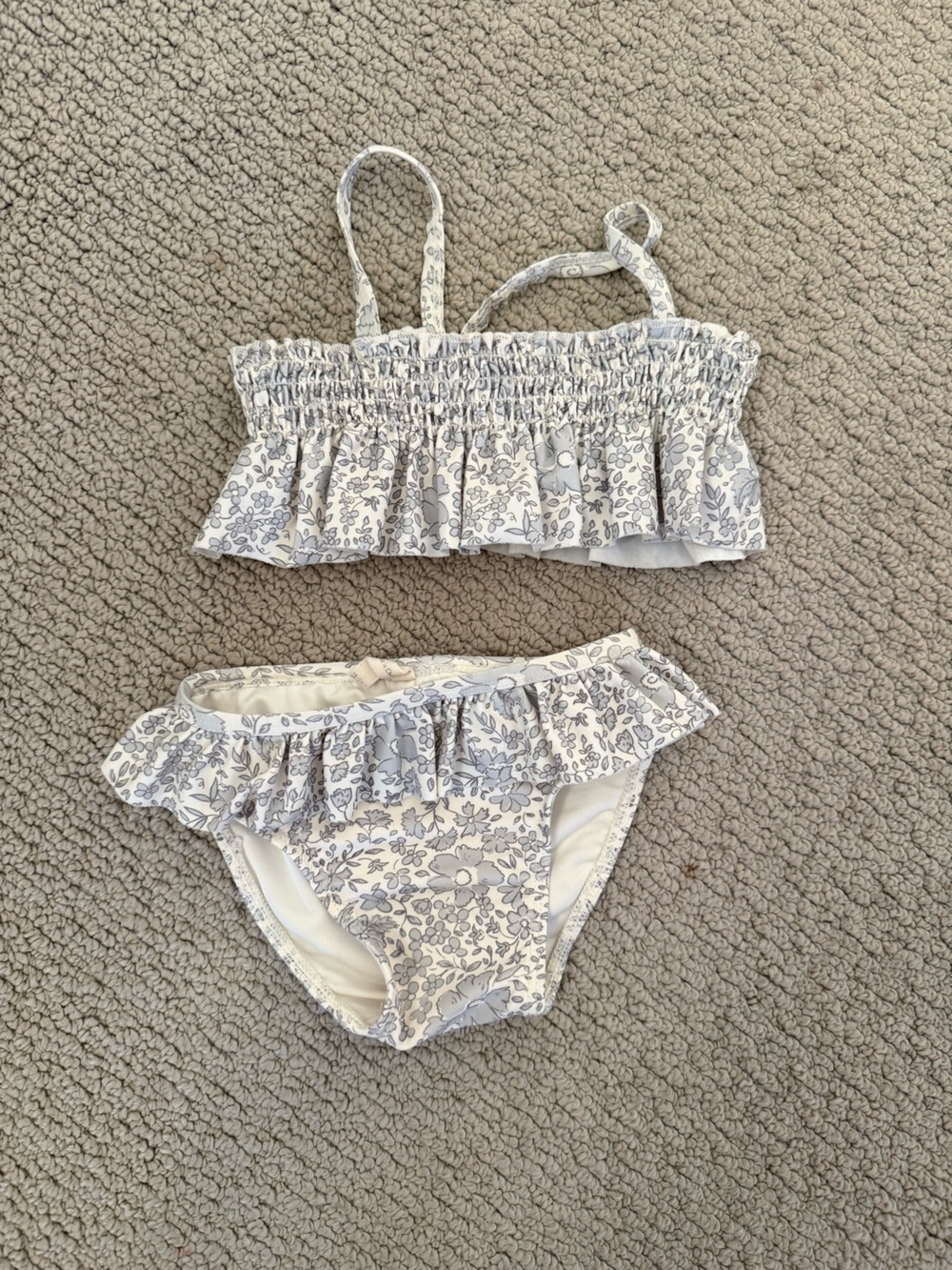 Rylee + Cru White and Light Gray Floral Ruffle Bikini